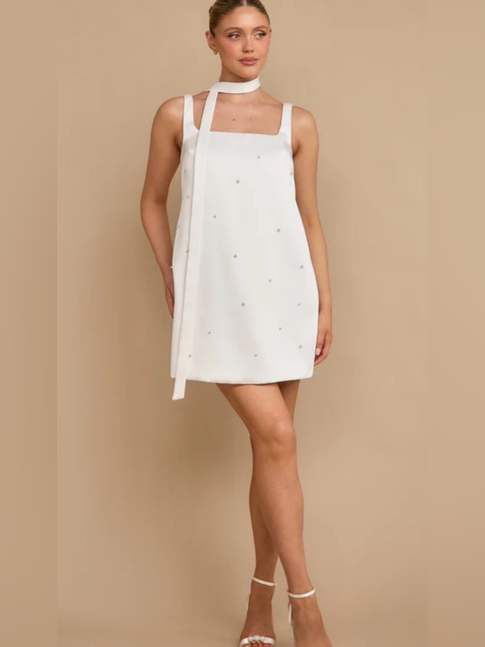 Square-Neck White Mini Dress no scarf